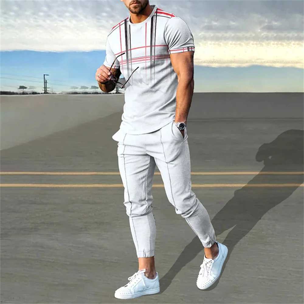 Fashion Colorful Blocks 3D Print Men Sportswear Set Short-Sleeved T Shirt Pants 2-Piece Set Oversized Pullover Men ClothingXJ250218