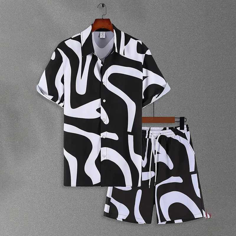 Hot Summer Beach Party Mens Casual Shirt Outdoor Sport Mens Shorts Hawaiian Fun Print Short-Sleeved Shirt and Beach Shorts SetXJ250218