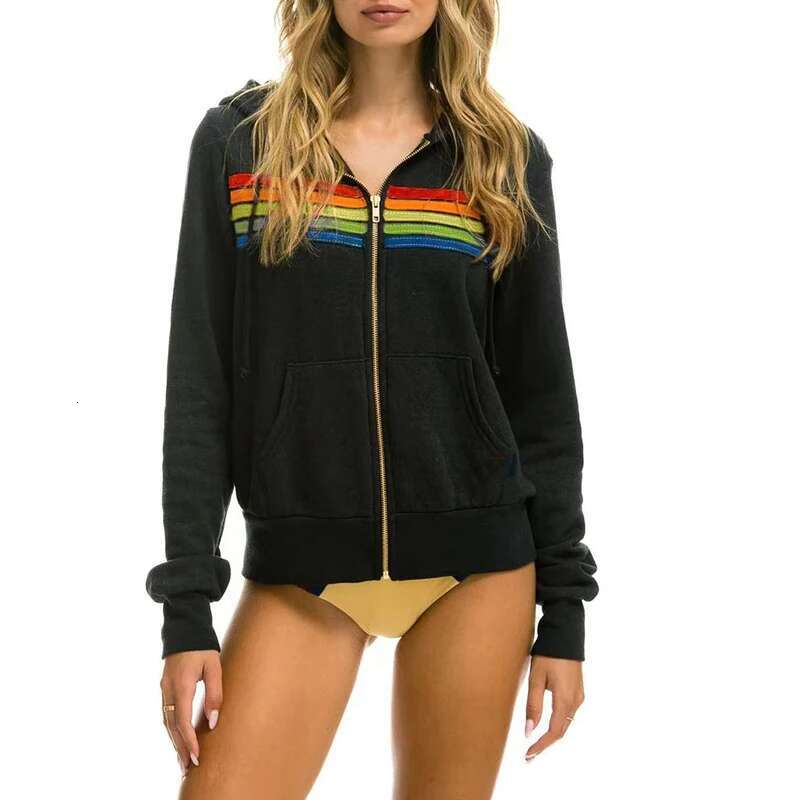 2025 Women Men Zipper Rainbow Long Sleeve Hooded Sweatershirt Haruku Elastic Hip Hop 5 Stripe Hoodies Jacket