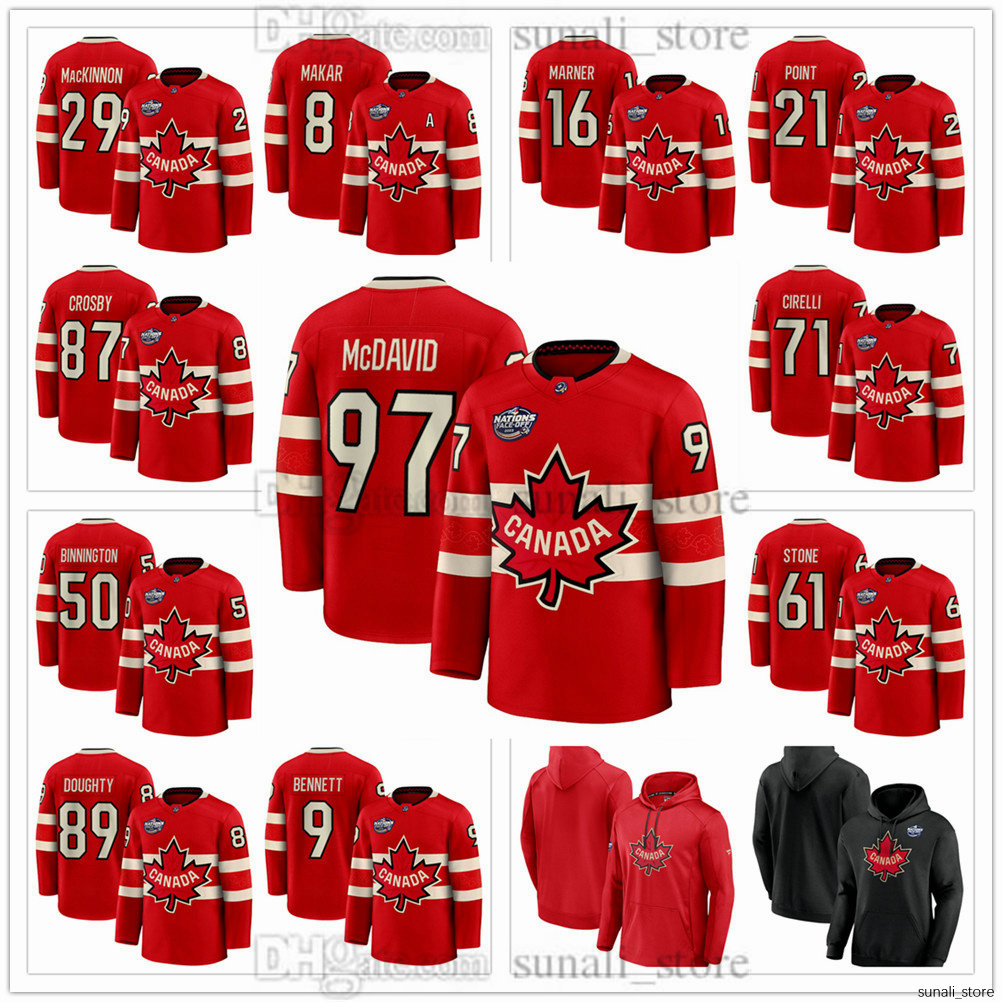Red 2025 4 Nations Face-Off Hockey Jerseys Canada Team 97 ConnorMcDavid 29 Nathan MacKinnon 87 Sidney Crosby 21 Brayden Point 61 Mark Stone 8 Cale Makar 63 Brad Marchand