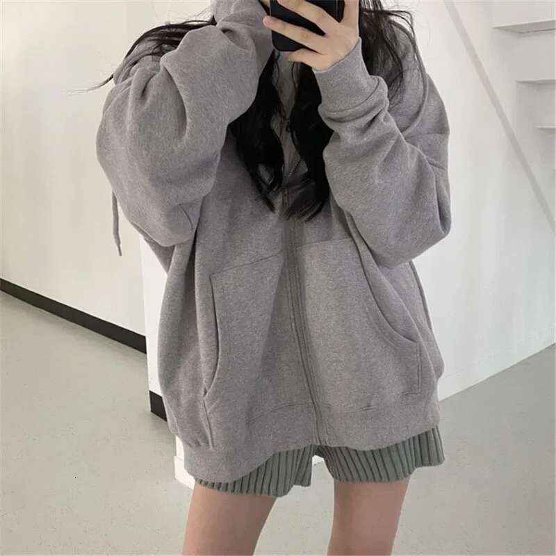 Lucyever Gray Zip Up Hoodie Coat Women Streetwear Haruku Oversized Hood Jacket Female Autumn Retro Solid Color Sweatshirts