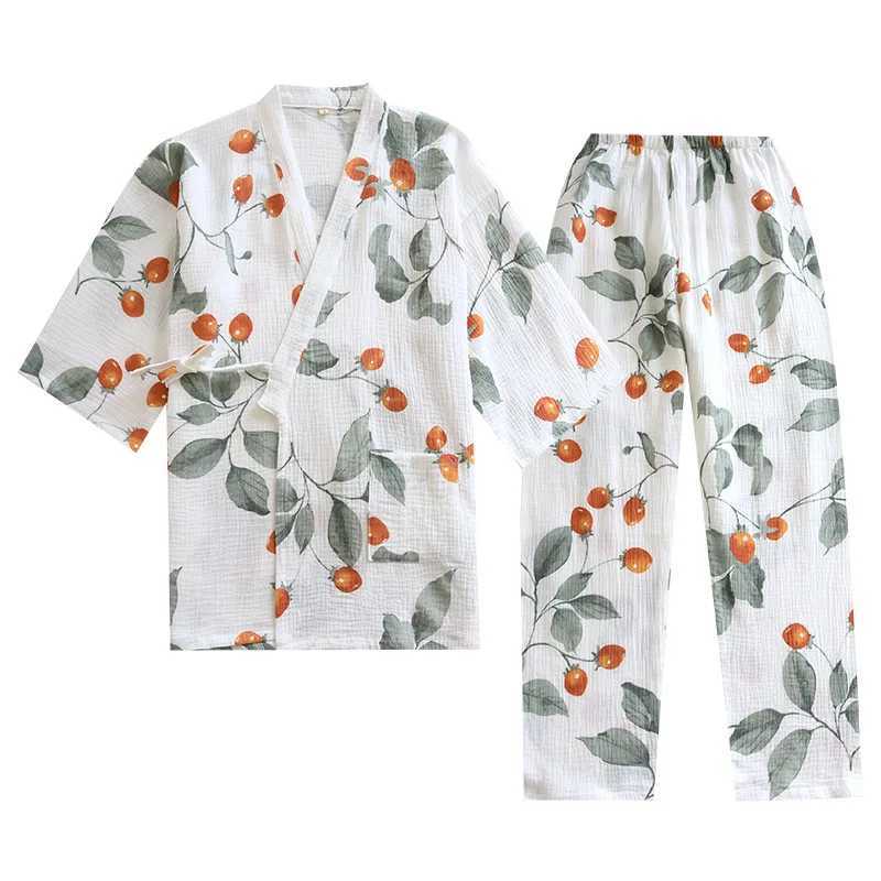 Spring/Summer Japanese Kimono Pajamas Women 100% Cotton Crepe Sleepwear Two-piece Three-quarter Sleeve Trousers Lounge Wear 2021 Z250219