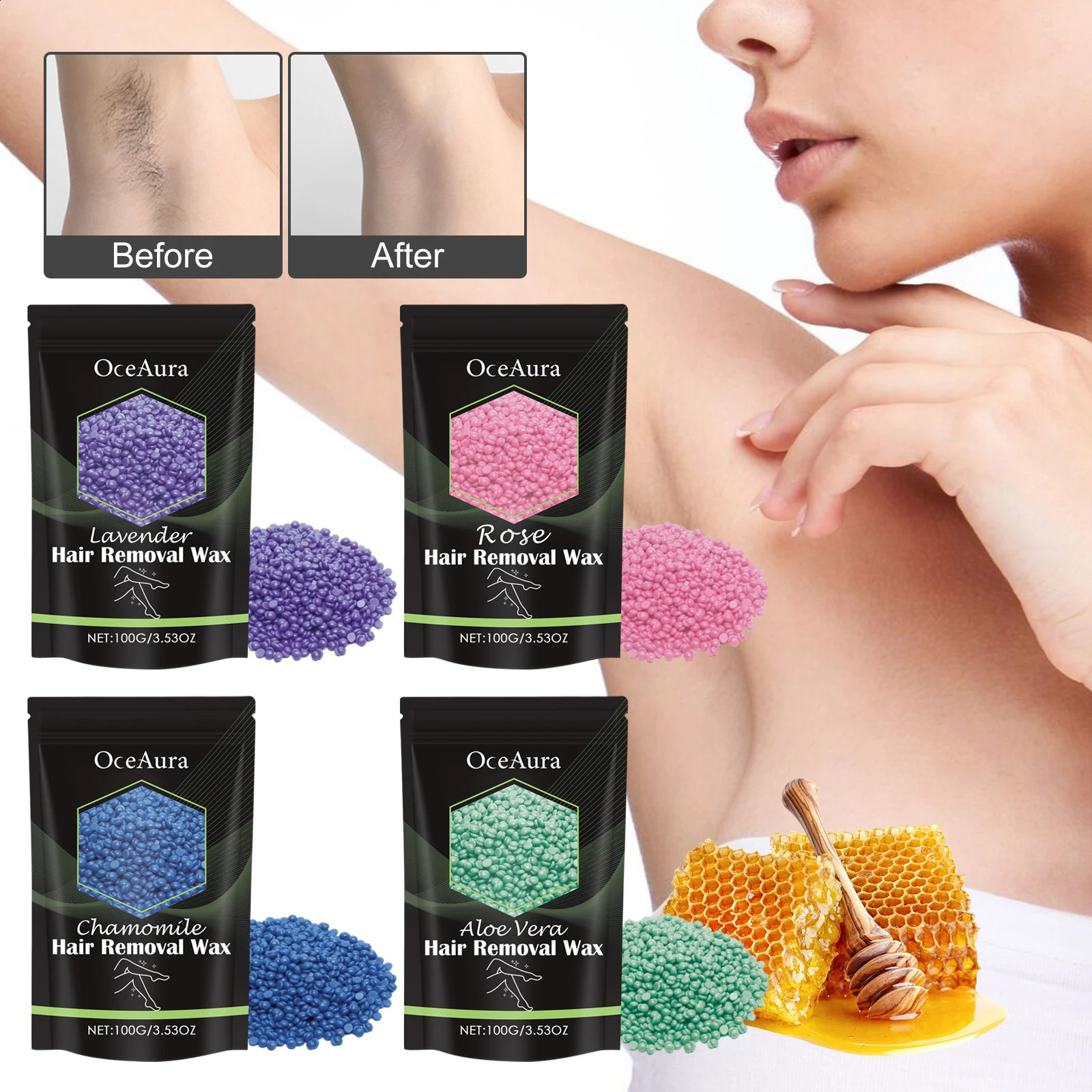 OceAura 100g Hair Removal Wax Beans Armpits Legs Whole Body Quick Gentle and Non Irritating Dry Smooth Skin 250217