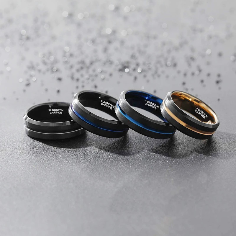 TIGRADE 8mm Men Black Tungsten Carbide Ring Thin Blue Line Wedding Band Vintage Men Jewelry Anime Anel Masculino Aneis Size 6-15 250218