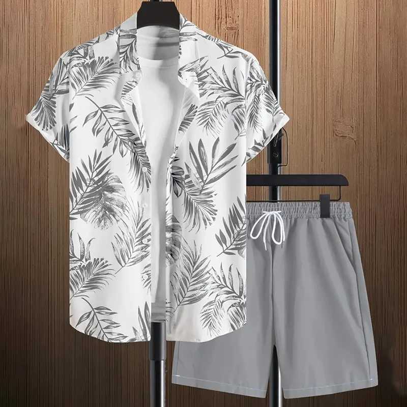 Fashion Flower Plant Print Mens Shirt Short Sleeve Shorts 2 Piece Summer Beach Casual Loose Shorts Tops Hawaiian Style Men SetsXJ250218