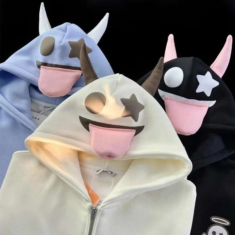 Devil Horn Hooded Top Women And Men Couple Loose Oversized Sweatshirt Anime Casual Zip up Hoodie Y2k Vintage Streetwear