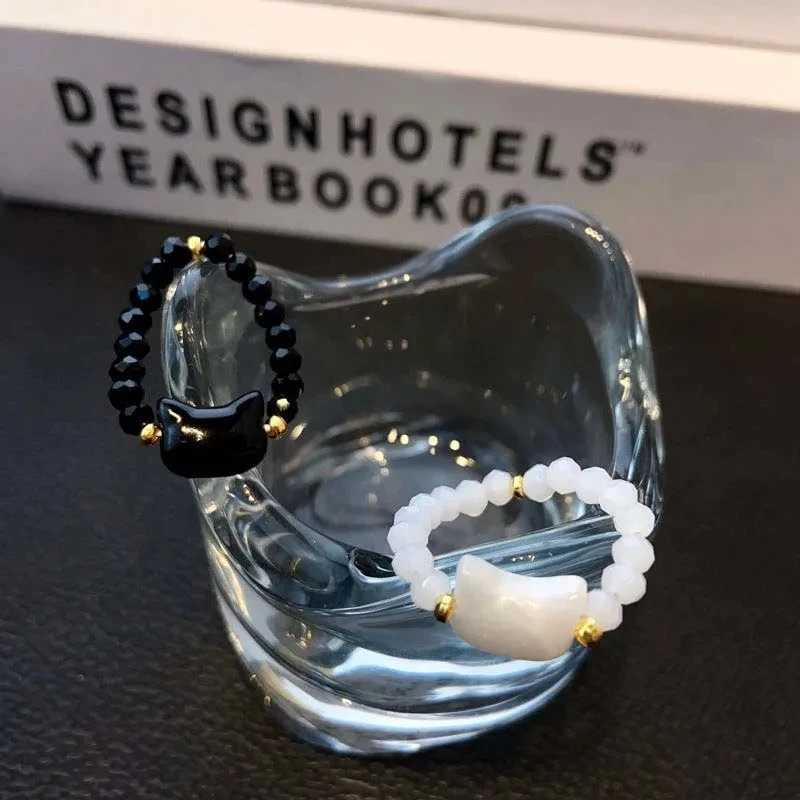 1pcs Natural Moonstone Obsidian Rings Beads Minimalist Fidget Ring Cute Black White Cat Ring Women Men Party Accessories JewelryXJ250219