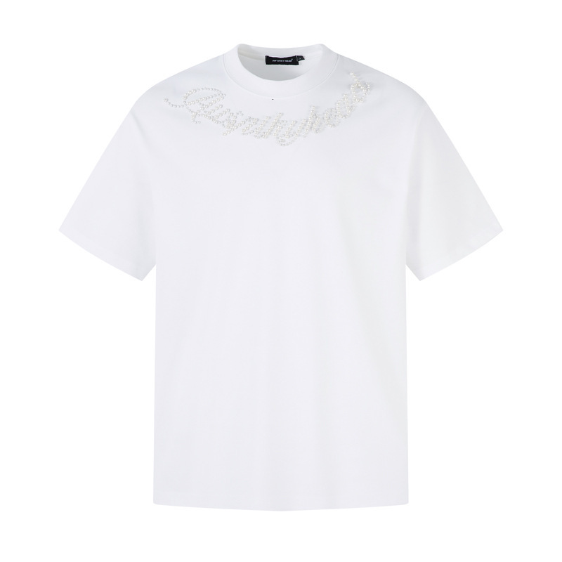American Fashion Personality Design Bead Letter Short Sleeved T-shirt Men's Summer New Style Chinese Fashion Loose Casual Round Neck Solid Color 