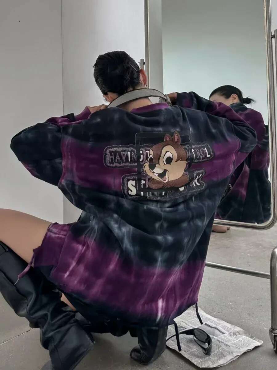 Heavy Industry Sequined Tie-dye Cartoon Squirrel Sweatshirts 2024 Autumn New Loose Fashion Mid Length Top Streetwear Women