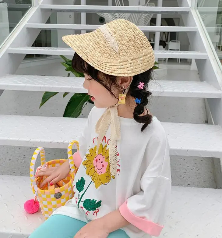 Cute Vintage Children Baby Girls Straw Plaited Hat Lace Up Beach Holiday Outdoor Summer Sun Block Hat Cap for Kids Sun Hats 250219