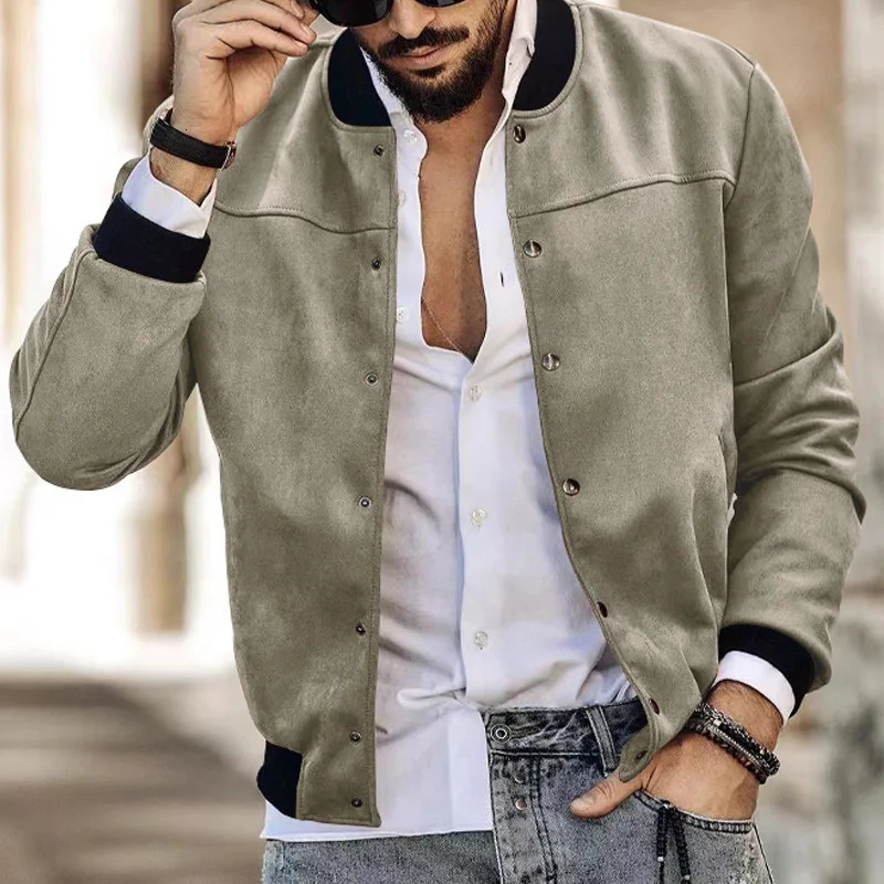 25 Mens Solid Suede StandUp Jacket Button Cardigan CrossBorder Casual Vintage American 250210