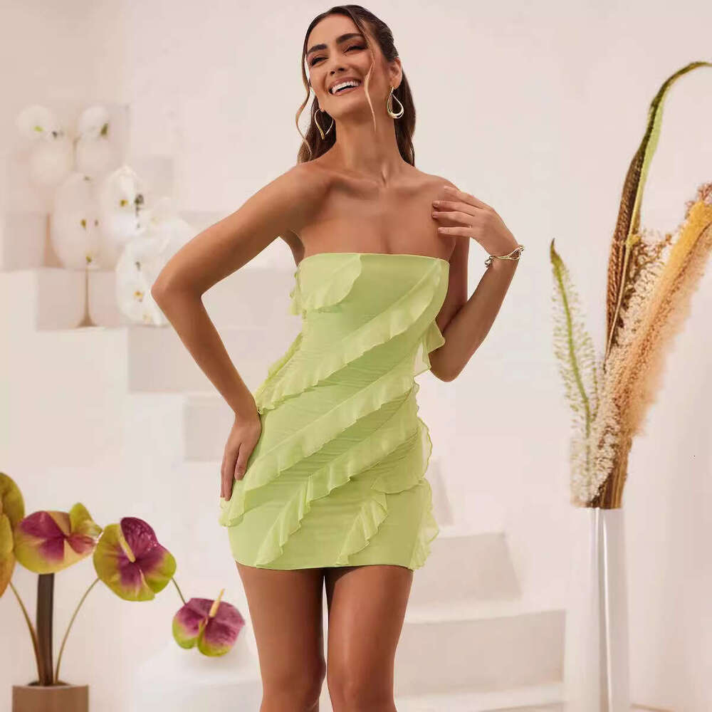 European American Summer Sexy L Spicy Women's with strapless 3D Lace Slimming and Hip Wrapping Dress 2025 Versatile New Trendy Clothing Ins