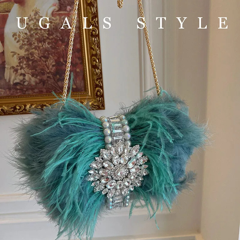 Ostrich Feather Handbags Diamond Bag Pearl Evening Bags For Women Shoulder Crossbody Bag Party Purse Wedding Clutch 250218