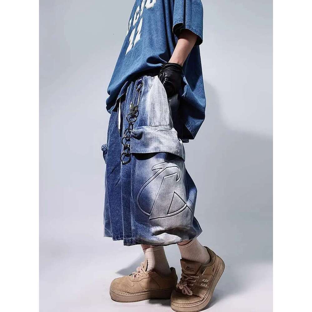 Ripped Shorts Y2k Summer New Mens Loose Retro Hip Hop Wide Leg Sweatpants Oversized Pocket Letter Pattern Denim Gym Shorts Streetwear