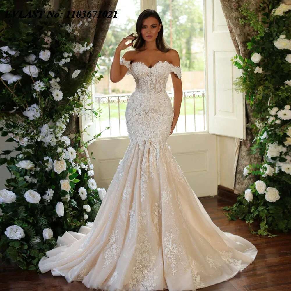 EVLAST Customized 2025 Mermaid Long Dress Lace Applique Beading Vestido Novia Wedding Bridal Gown Robe De Mariee MD02
