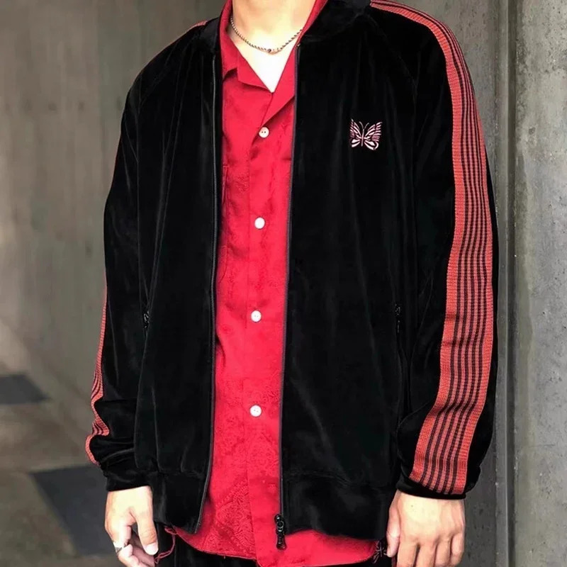 Gray Velvet Track Zipper Jacket Men Women Quality Loose All Seasons Striped Coat Jackets 250214