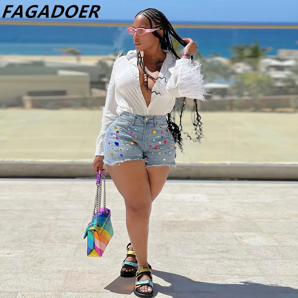 FAGADOER Fashion Colored Diamonds Tassels Denim Shorts Women High Waisted Pocket Slim Jean Casual Female Matching Bottoms 250217