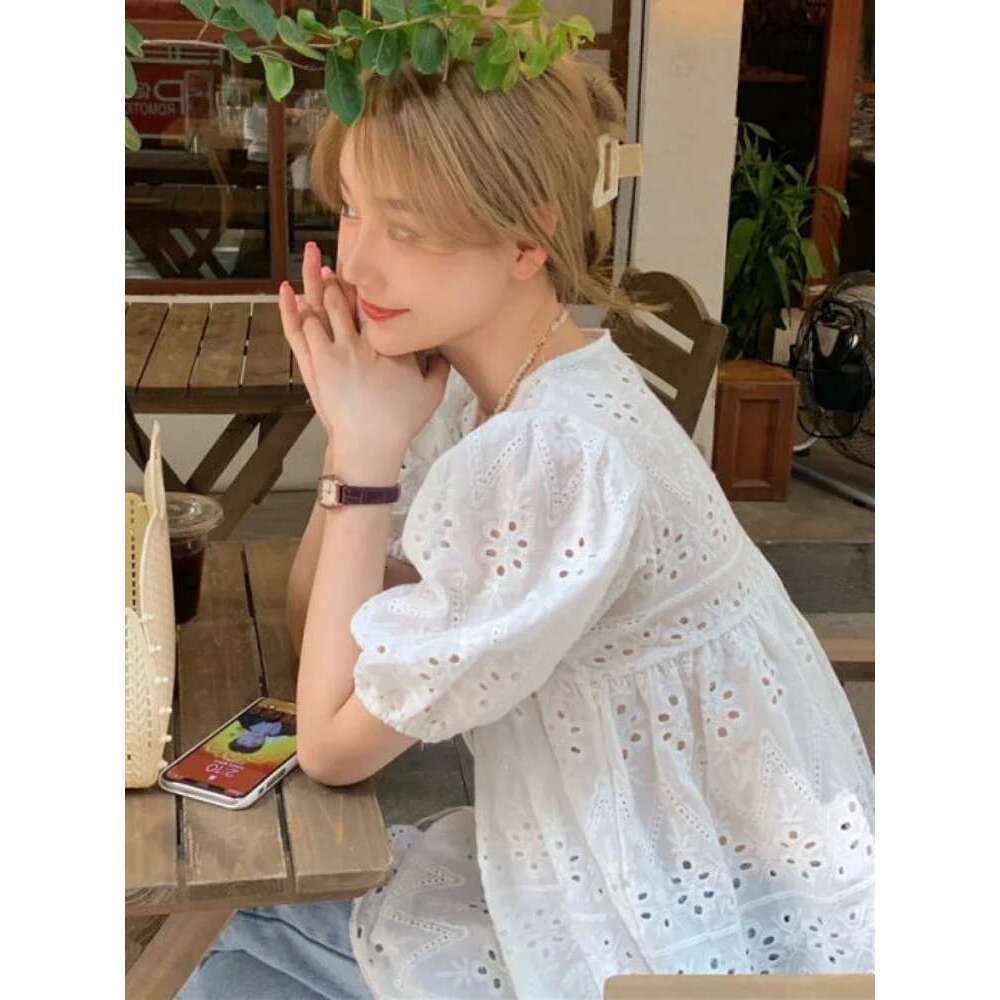 2024 Fashion Summer Sweet Puff Women Blouses New Elegant Shirts White Hollow Out Short Sleeve Tops