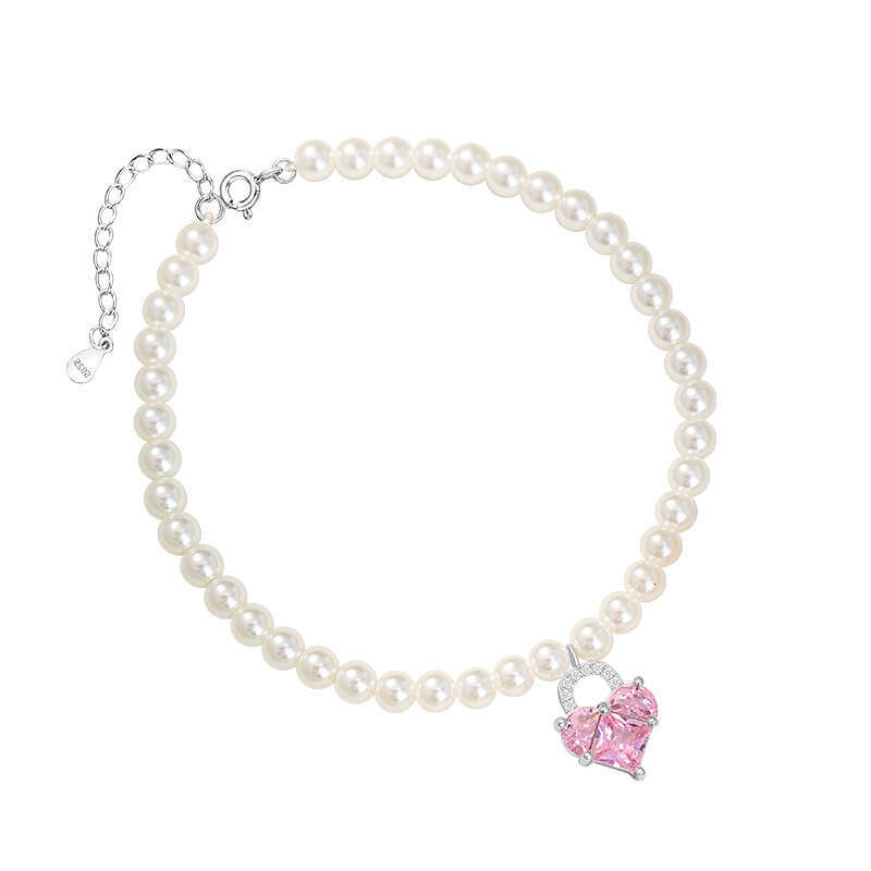 Love pure sier Shijia pearl necklace for women, light and sweet style, pink zircon collarbone chain, ins lock head pendant
