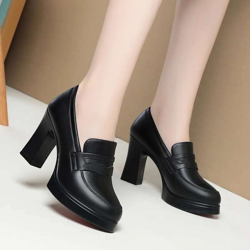 Fashion Comfortable Black Soft Leather Deep Mouth Spring 2024 Block Heels Shoes Women for Office Mom Model Versatile #ddmykukumalu