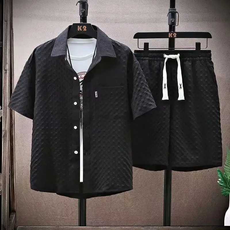 Mens Set High Quality Ice Silk Plaid Short Sleeved Lapel Shirt Shorts Two-piece for Men Korean Luxury Casual Oversize ClothingXJ250218