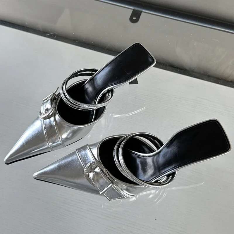 Spring Fashion Buckle Strap Woman Slippers Design Style Thin Heels Ladies Pointed Toe Shallow Shoes Slides Mules Sandals