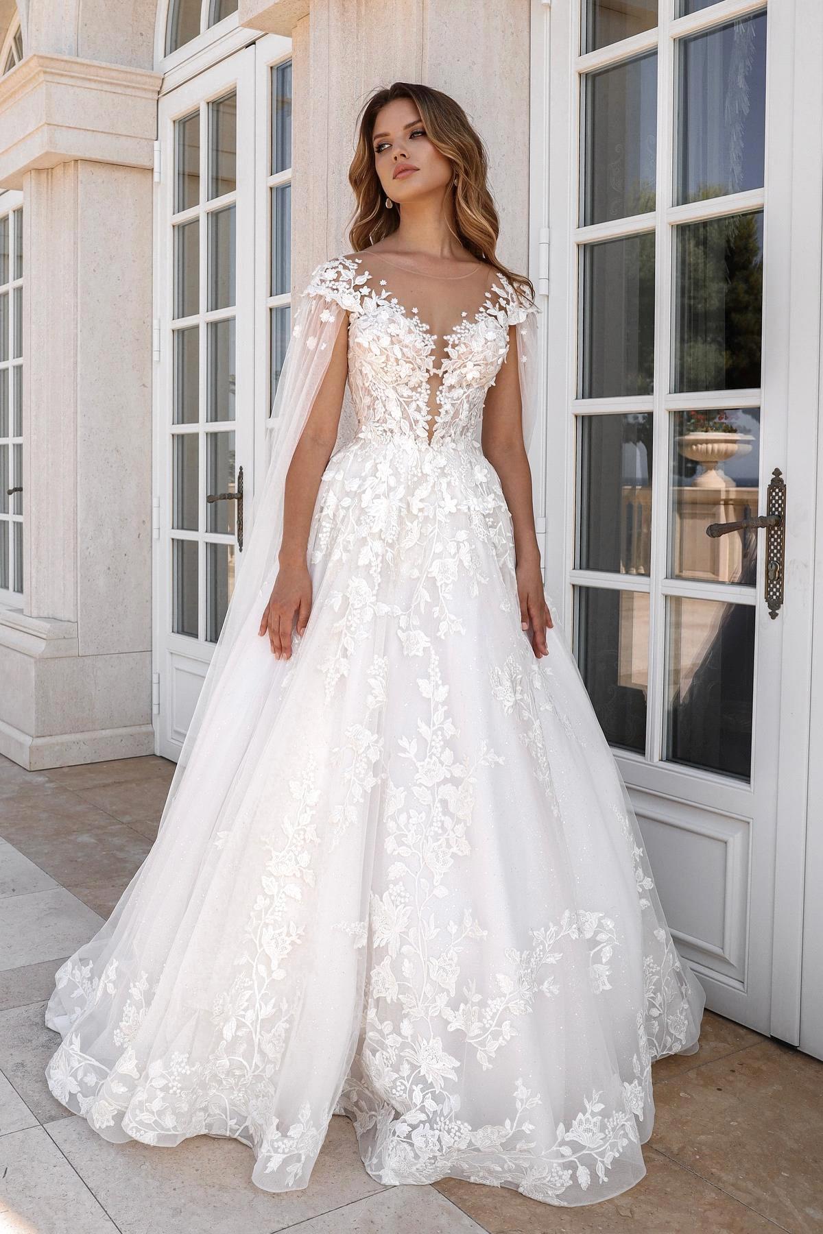 Elegant White Ivory Lace Wedding Dreses With Cape Sleeves Sheer Jewel Neck Appliques RUffles Long Bridal Gowns Button Covered Back Robes BC20105