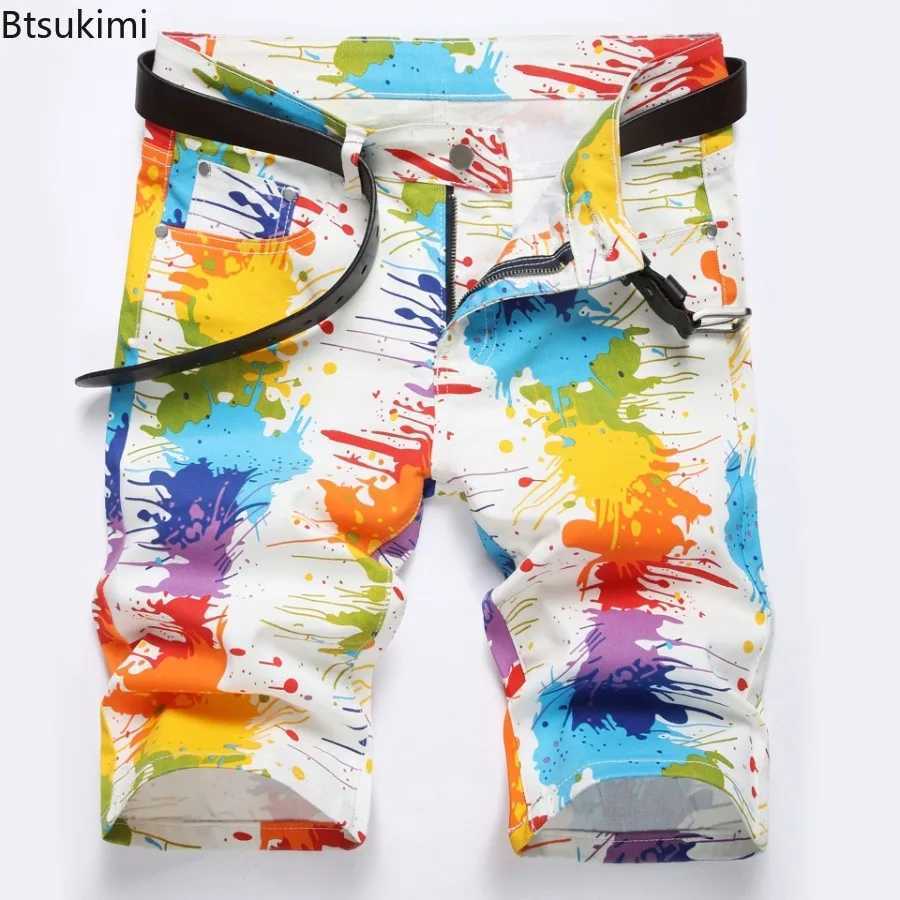 Men's Shorts 2025 Mens Fashion 3D Print Jeans Hip Hop Streetwear Y2K Fancy Color Painted Stretch Denim Shorts Male Candy Color Casual Shorts z250