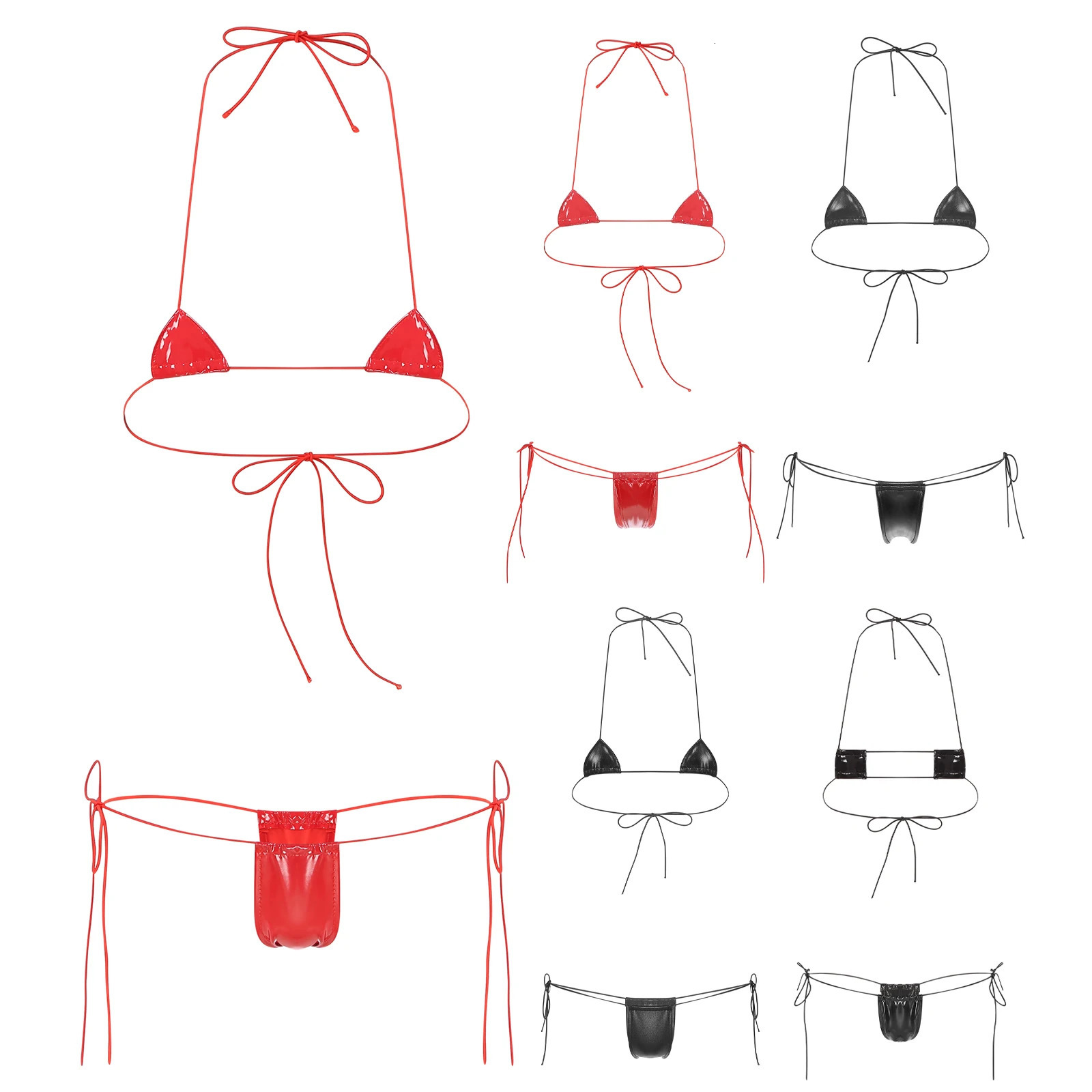 Womens Micro Bikini Set Wet Appearance Patent Leather Two Piece Underwear Strap Bra 250219