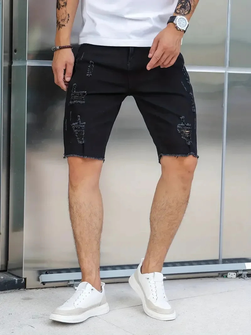 Summer Denim Shorts Men Stretch Ripped Jeans Man Slim Straight Shorts Fashion Black Jeans Soild Shorts Streetwear Man Clothing 250218