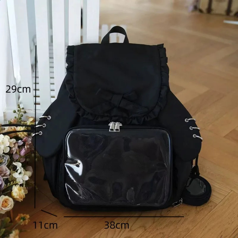 Bowkont Ruffled Japanese Y2k Backpack Transparent Pocket Lolita Bag High Capacity Preppy Style Itabag Rabbit Ear Pain Bag 250218