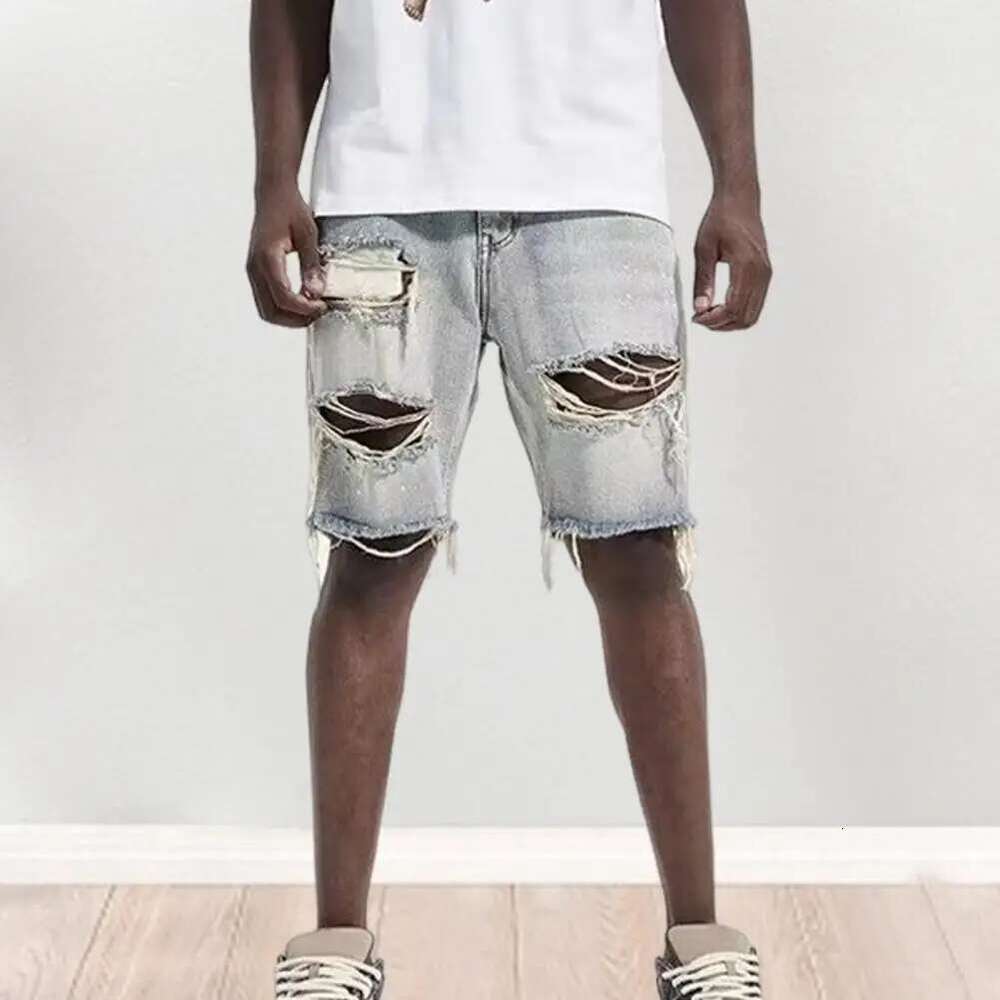 Ripped Shorts Men Summer Denim Shorts Button Zipper Fly Multi Pockets Short Jeans Straight Fit Ripped Holes Knee Length Distressed