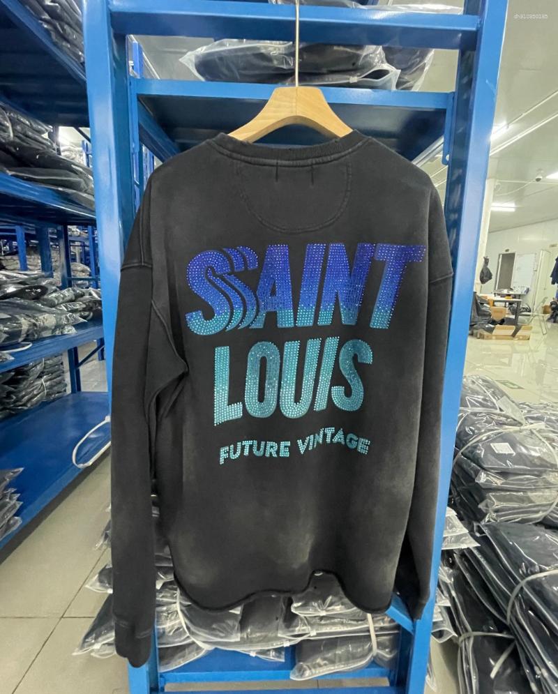 Men's Hoodies 25SS Rhinestone O-Neck Long Sleeve Pullover Men Women Vintage Washed Black Cotton Sweatshirt