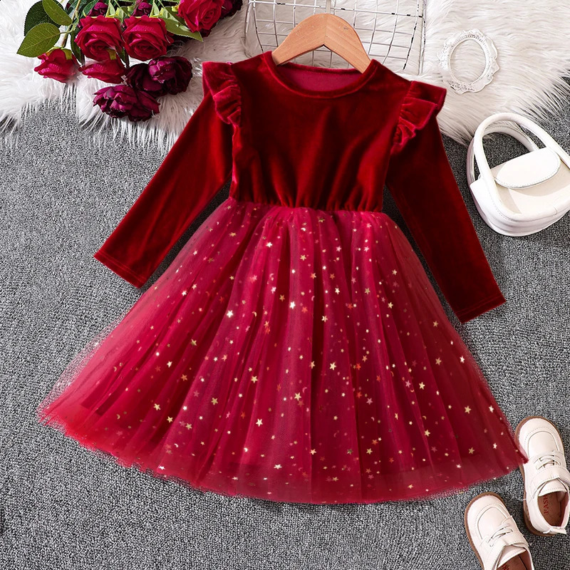 Red/Green Christmas Dress for Girls Winter Sequin Ruffle Long Sleeve Princess Dresses Birthday Party Costume for Kids 3-8 Years 250219