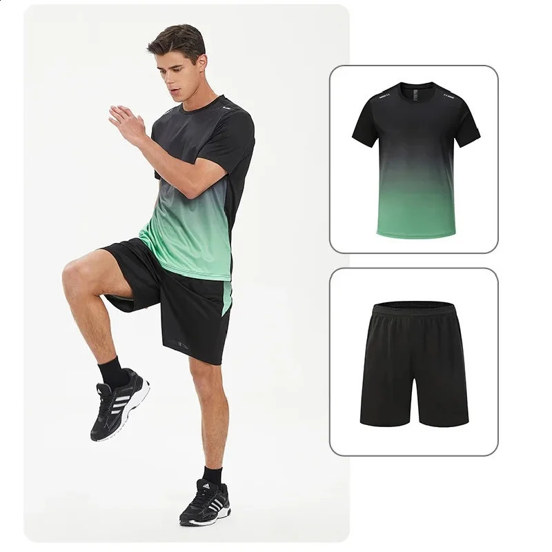 Summer Fitness Clothing Ice Silk Speed Drying T-shirt Set Mens Short sleeved Running Sports Clothing Gym Training Set 250218