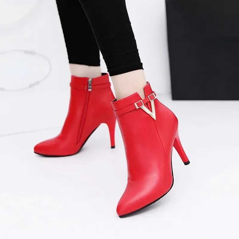 Botas Mujer Invierno Autumn Stiletto Thin High Heels Woman Pointed Toe Pu Leather Zipper Sexy Ankle Women Boot Botines Chelsea8 Z250704