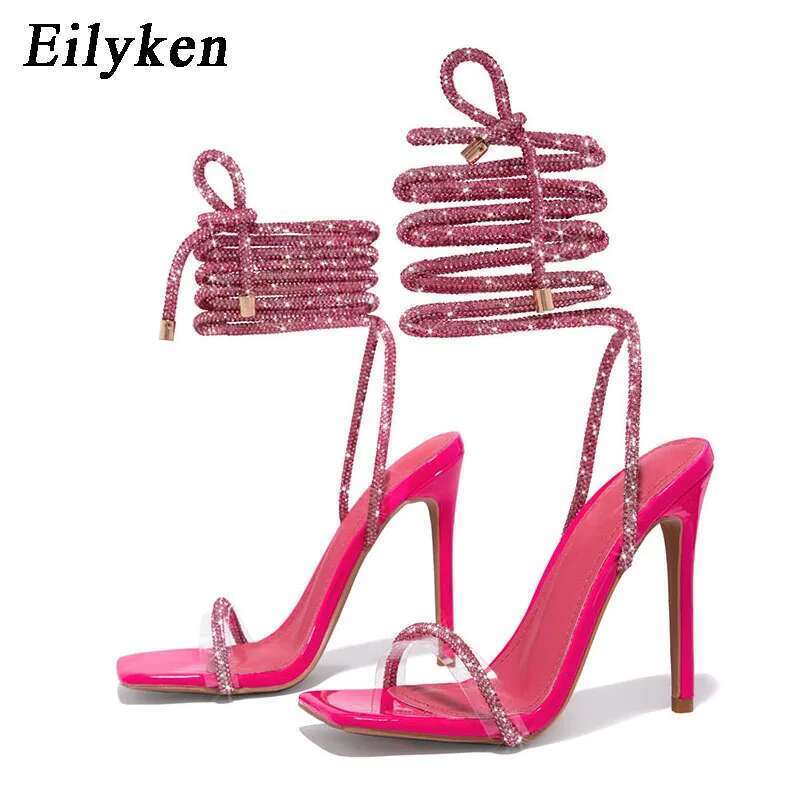 Sexy Crystal Ankle Cross Strap Sandals Women Summer Party Wedding Banquet Fashion Open Toe Club Stripper Heels Shoes