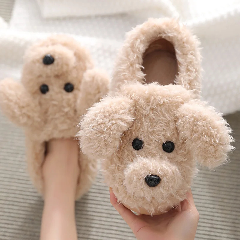 Comwarm Cute Dog Short Plush Slippers For Women Winter Warm Furry Cotton Shoes Couples Home Indoor Bedroom Cozy Slippers 250213