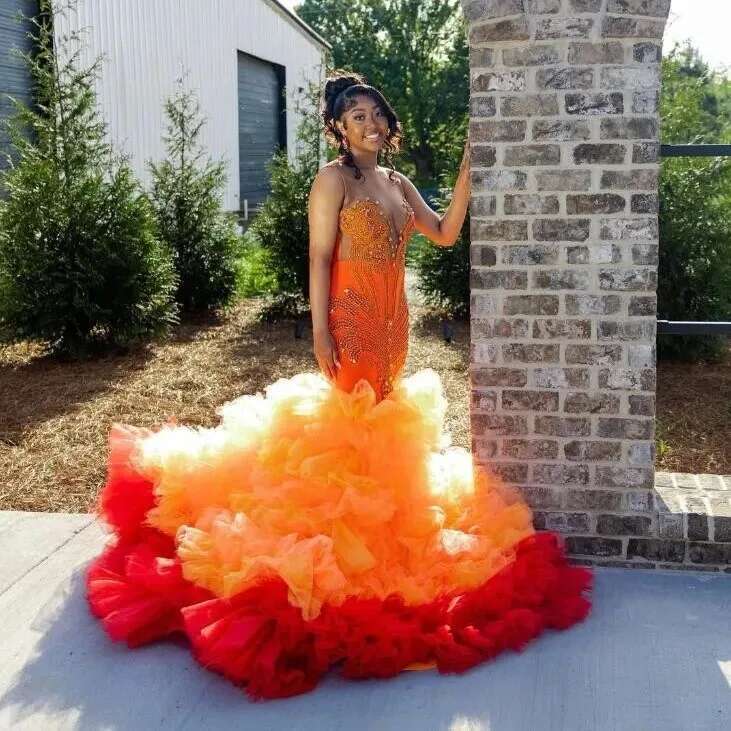 Orange Ruffles Prom Black Girl 2025 Mermaid Beaded Dia Formal Ocn Dresses Birthday Evening Gala Gown