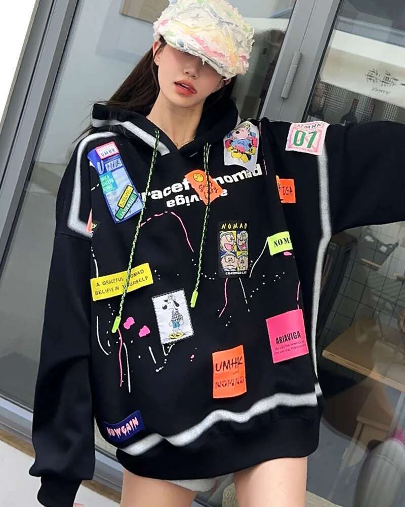 Heavy Embroidery Label Hooded Sweatshirt For Women, Niche Design, Graffiti-Style Loose Casual Tops And Coats