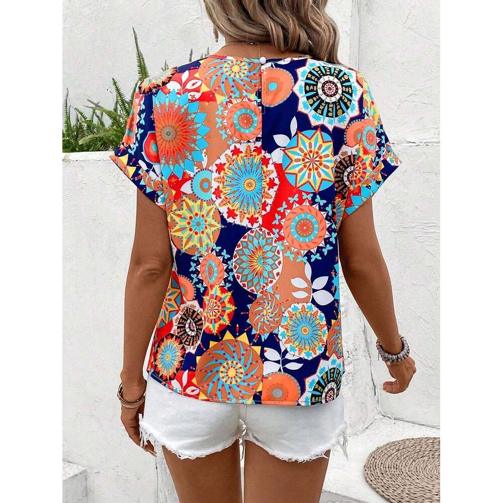 Elegant Fashionable Versatile Round Neck Printed Short Sleeved Shirt For European And American Women