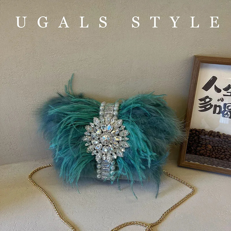 Ostrich Feather Handbags Diamond Bag Pearl Evening Bags For Women Shoulder Crossbody Bag Party Purse Wedding Clutch 250218