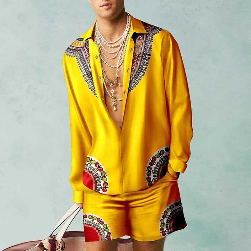 2023 Men Fashion Long Sleeve Shirt Set Hawaiian Summer Casual Beach Clothing Vacation Wear 3D Floral Printing 2 Piece Tops PantsXJ250218