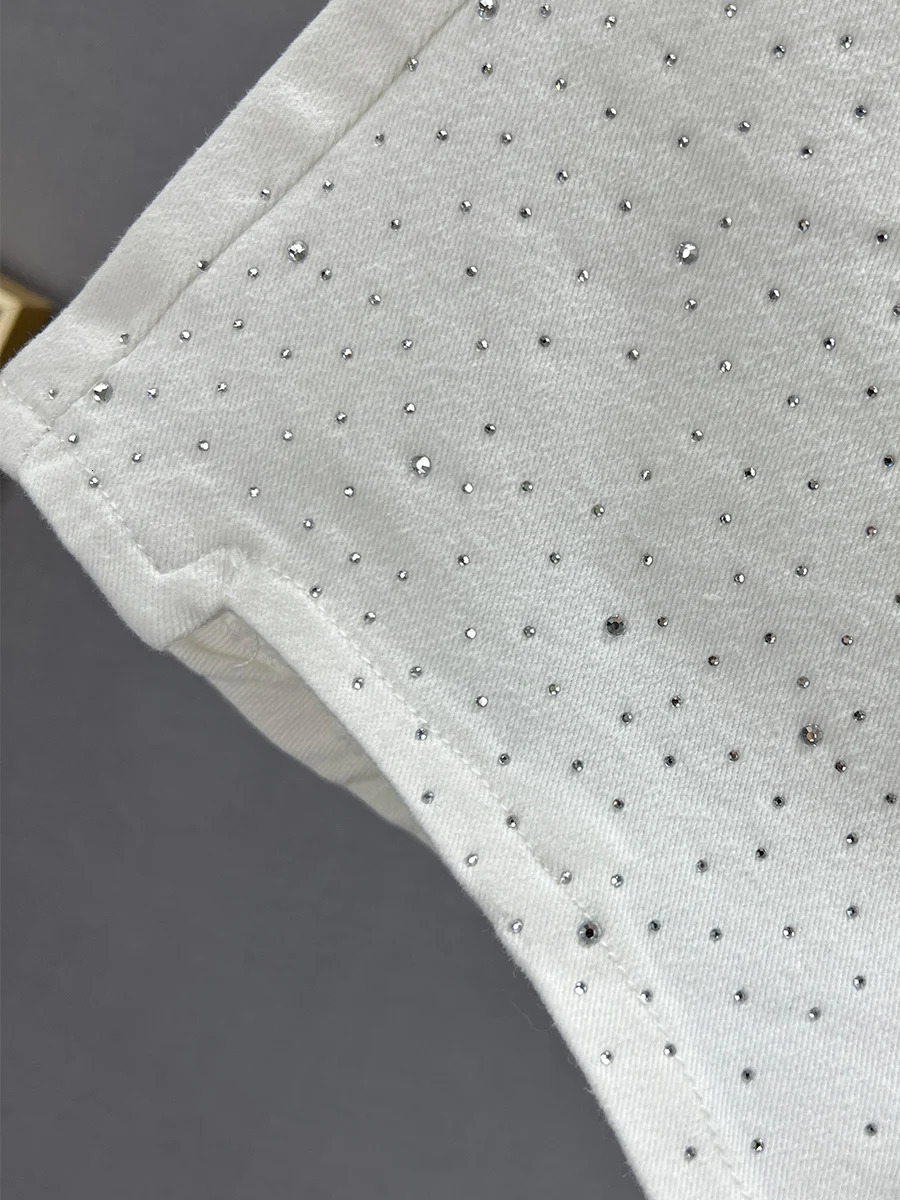 White Rhinestone Denim Shorts for Women Summer Thin Stretch Cotton High Waist Slim Slimming European Pants Jean Shorts 250217