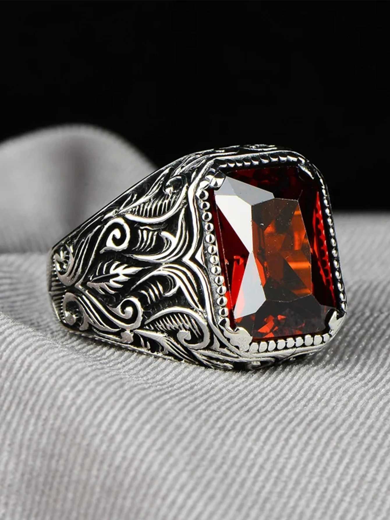 Vintage Handmade Turkish Signet Ring For Men Women Ancient Silver Color Carved Ring Red Yellow Zircon Inlay Punk Motor BikerXJ250219