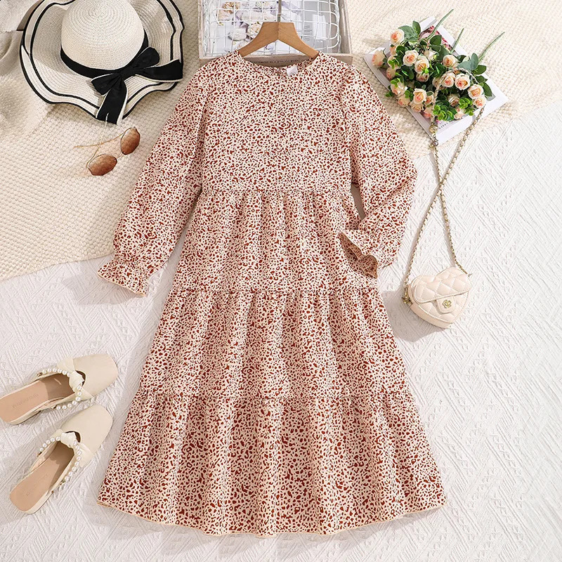 Kids Casual Dress for Girls Clothes Autumn Winter Children Fashion Print Long Sleeve High Waist A-line Dress 7-14Y 250219