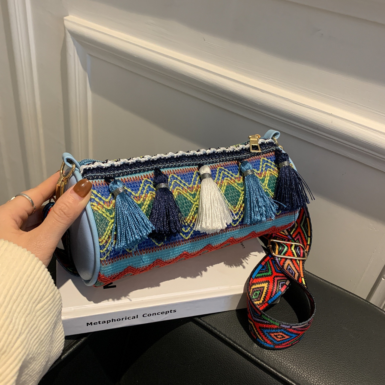 2025 Spring New Tassel Fashion Ethnic Style Contrast Embroidery Thread Cylindrical Women's Crossbody Shoulder Bag #swissmilitary