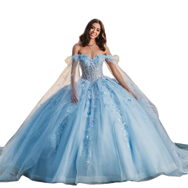 Light Sky Blue Princess Quinceanera Dresses Off Shoulder Floral Lace Appliques Puffy Ball Gown Tulle Birthday Special Occasion Gowns Luxurious Sweet 1