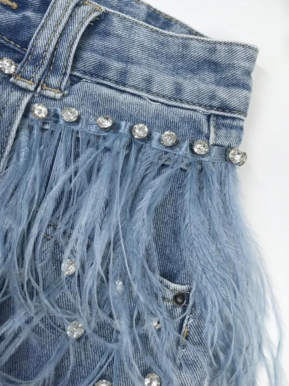 Rhinestone Beaded Exquisite Feather High Waist Denim for Womens Blue Jeans Shorts DS Nightclub Sexy Pants Fashion 250217
