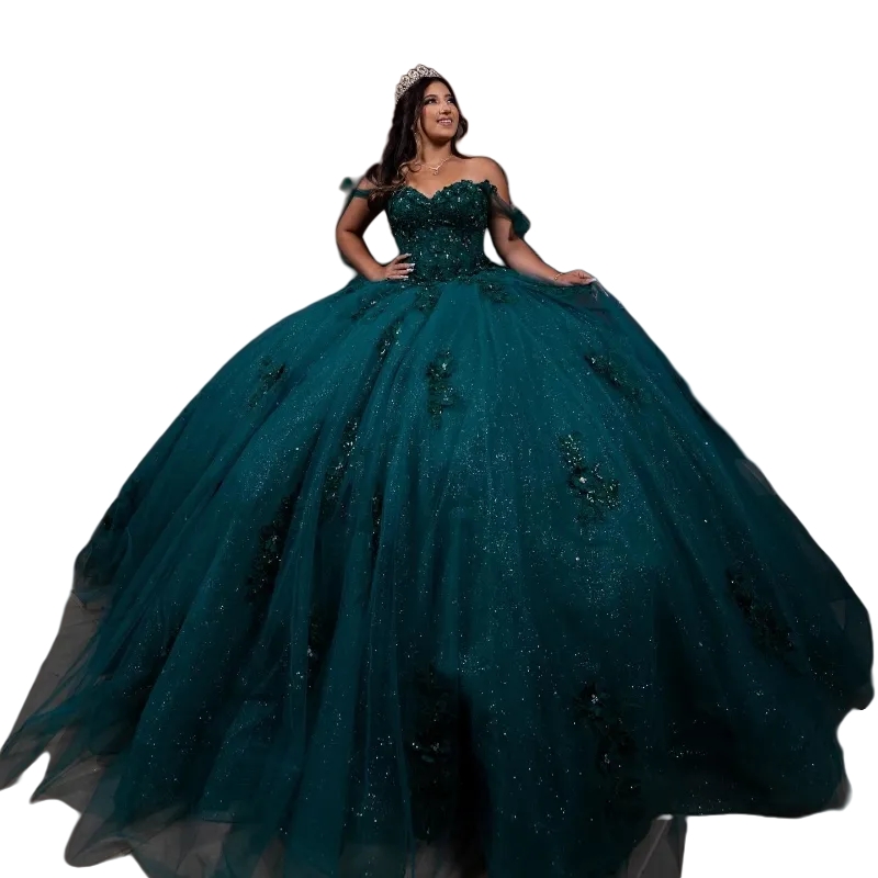 2025 Dark Green Sparkly Quinceanera Dress Off The Shoulder Lace Applique Sequins Beading Tull Princess Sweet 16 Vestidos De XV 15 Anos Prom Special Oc